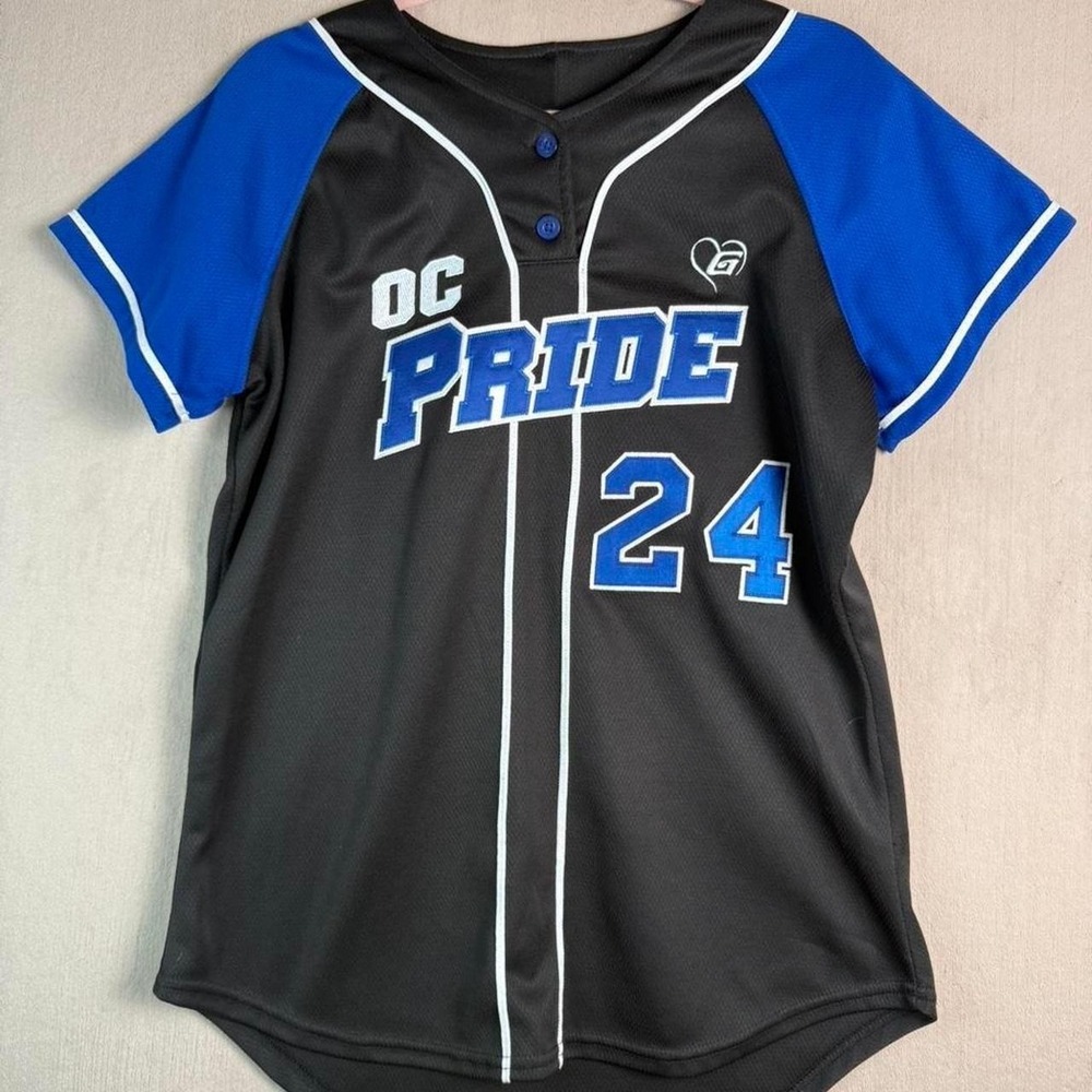 TheGluv Athletic OC Pride Baseball Jersey Womens Large/Mens Small Black Blue